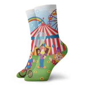 gultmee funny compression socks women and men,fun circus scene with clowns on grass rainbow ferris wheel happy bubbles childhood theme,best for circulation,running,athletic,nurse,travel, -12 inch