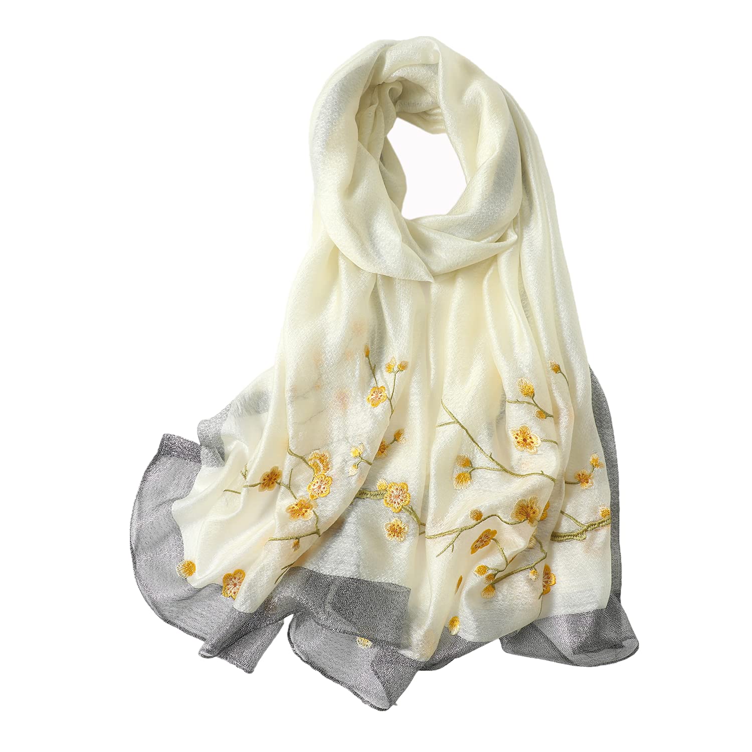 WINCESS YU Women Mulberry Silk Scarf Long & Large Embroidered Floral Pattern Shawl and Wraps Neckerchief for Hair & Neck