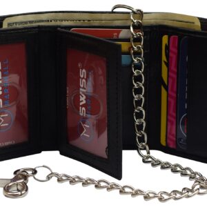 Men's RFID Blocking Premium Leather Chain Trifold Wallet (Black with Chain)