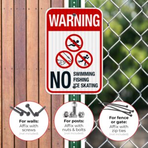 Sigo Signs, Warning No Swimming Fishing Ice Skating Sign, 12x18 Inches, 3M EGP Reflective .063 Aluminum, Fade Resistant, Made in USA by