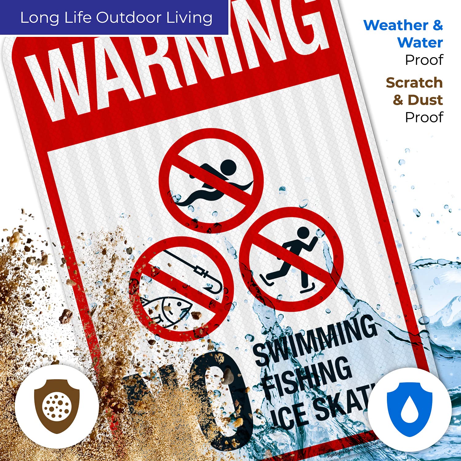 Sigo Signs, Warning No Swimming Fishing Ice Skating Sign, 12x18 Inches, 3M EGP Reflective .063 Aluminum, Fade Resistant, Made in USA by