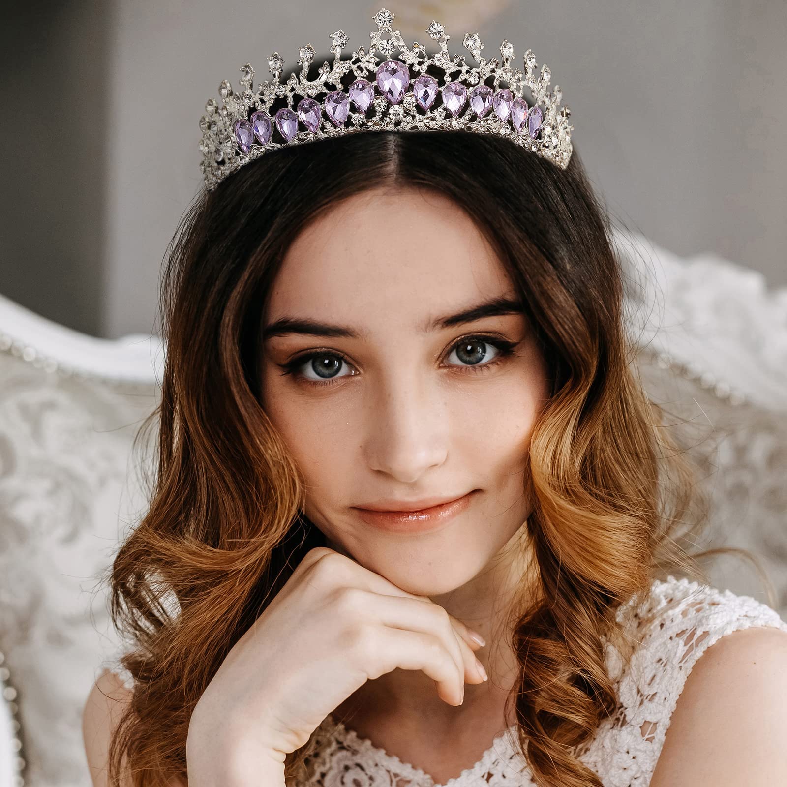 AW BRIDAL Tiaras and Crowns for Women Purple Crystal Princess Tiara - Queen Crown Headband for Halloween Costume Party Prom Wedding Christmas Hair Accessories, Purple + Silver