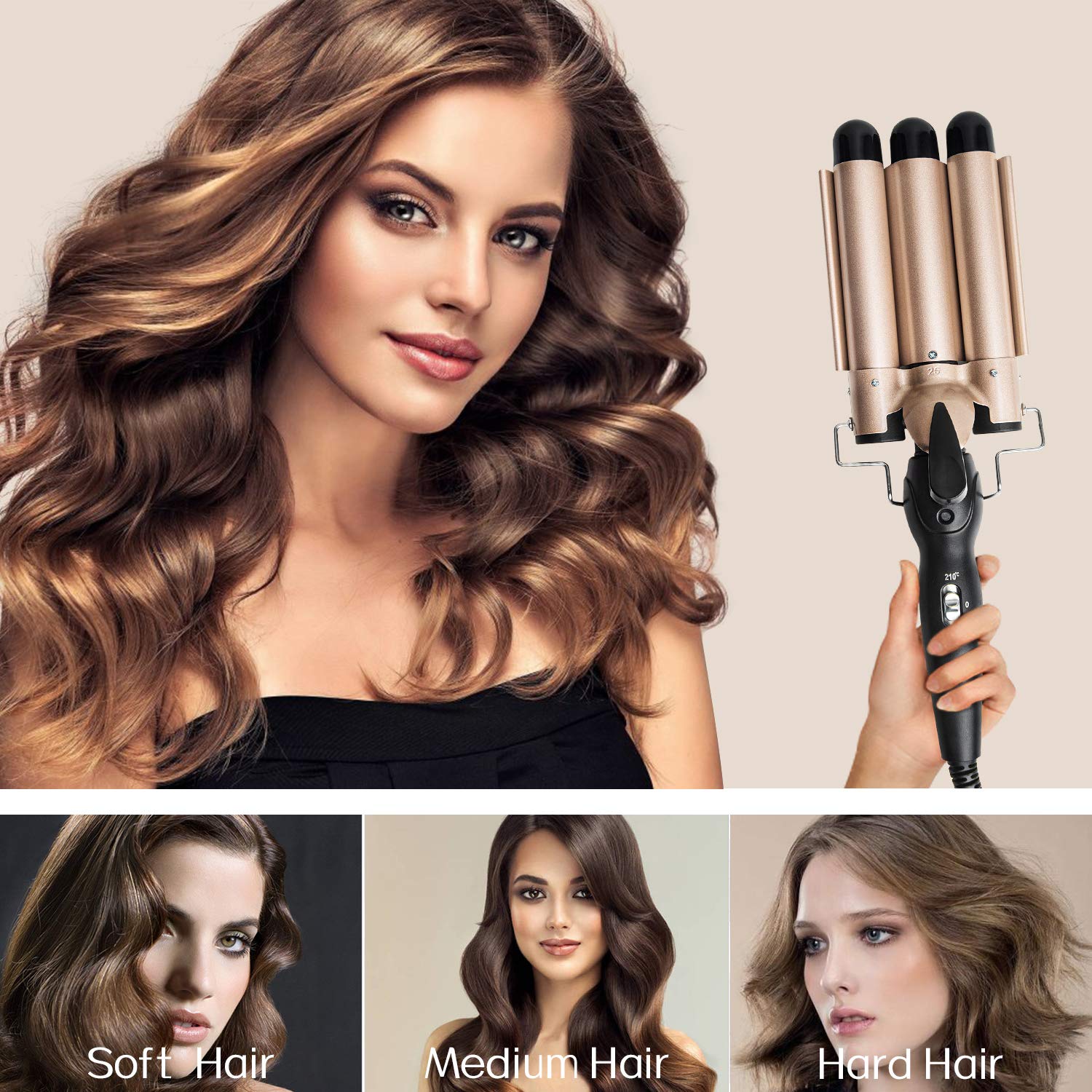 3 Barrel Curling Iron Wand - Dual Voltage Temperature Adjustable 25mm Hair Crimper,1 Inch Ceramic Tourmaline Triple Barrels,Hair Waving Styling Tools