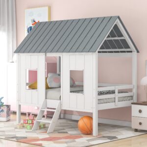 softsea low house loft bed of kids bedroom, wood low loft bed with windows and roof, wood slats and no box spring needed