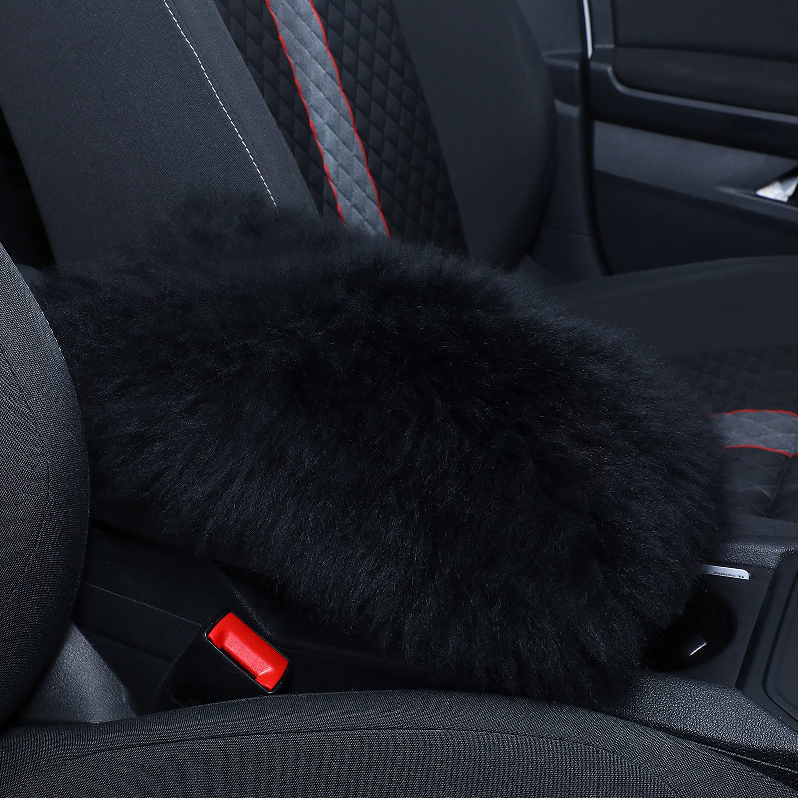 Frienda Furry Armrest Cover Auto Center Armrest Cover Car Soft Console Pad, Real Sheepskin Wool Soft Fluffy Auto Center Console Cover for Most Car Decoration Protector (Black)