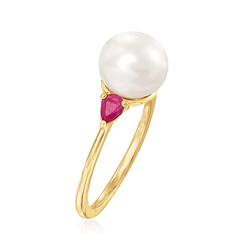 Ross-Simons 8mm Cultured Pearl and .20 ct. t.w. Ruby Ring in 14kt Yellow Gold. Size 5