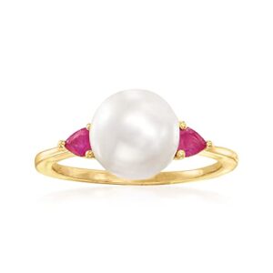 ross-simons 8mm cultured pearl and .20 ct. t.w. ruby ring in 14kt yellow gold. size 5