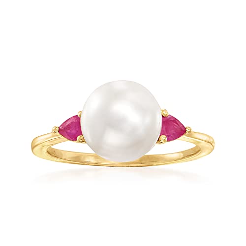 Ross-Simons 8mm Cultured Pearl and .20 ct. t.w. Ruby Ring in 14kt Yellow Gold. Size 5