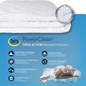 SERTA Power Clean Triple Action Quilted Soft Waterproof Mattress Pad Protector, Moisture Wicking Protection with 15" Deep Pocket, Twin, White