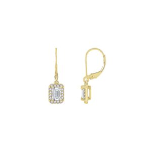 diamonbliss leverback drop & halo earrings for women by diamonbliss | 14k yellow gold, platinum plated 925 sterling silver | 1 carat emerald cut cubic zirconia cz simulated diamond | halo drop earrings