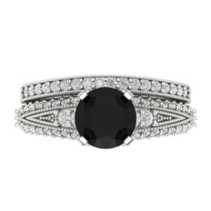 2.10ct Round Cut Laser Engraving Pave Natural Black Onyx Engagement Bridal Wedding Ring Band set Solid 18K White Gold Size 8