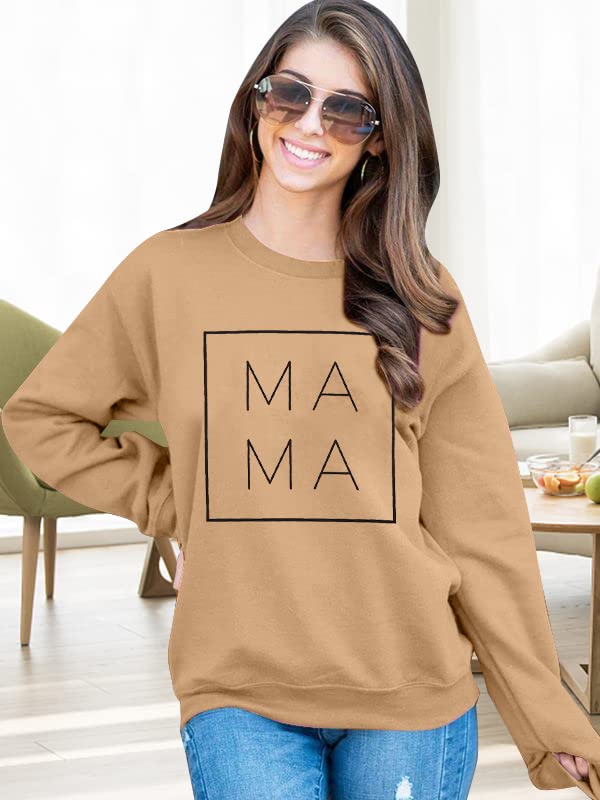 EGELEXY Mama Sweatshirt Women Funny Letter Print Mom Life Blouse Tops Casual Long Sleeve Pullover Tees (Apricot, Large)