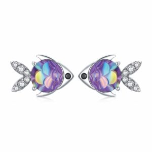 qings cute fish earrings - sterling silver 925 stud earrings cubic zirconia purple dainty earrings happy fish studs for women