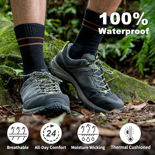 DRYMILE Mountain Waterproof Wool Socks, Winter Waterproof Socks for Wading, Camping, Hiking, Fishing, Skiing - Crew (Large Black/Hazel)