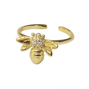 CZ Bee 925 Sterling Silver Ring for Women 14K Gold Plated Cubic Zirconia Crystal Texture Animal Honeybee Statement Open Band Rings Comfort Fit Adjustable Expandable Finger Jewelry Dainty