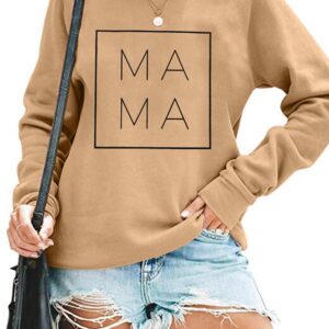 EGELEXY Mama Sweatshirt Women Funny Letter Print Mom Life Blouse Tops Casual Long Sleeve Pullover Tees (Apricot, Large)