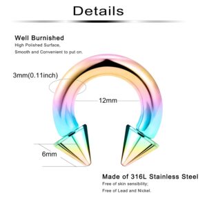 Ftovosyo PA Ring Internally Threaded Spike Circular Barbells Horseshoe Rainbow Large Septum Ring Ear Gauges Earrings 8G 3mm 12mm 1/2" Surgical Steel Pierced Body Jewelry for Women Men