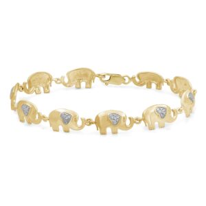 JEWELEXCESS Elephant Bracelet 14k Gold Plated Bracelet – Genuine White Diamond Bracelet 14k Gold Over Silver Elephant Jewelry for Women – Hypoallergenic Elephant Bracelets for Women