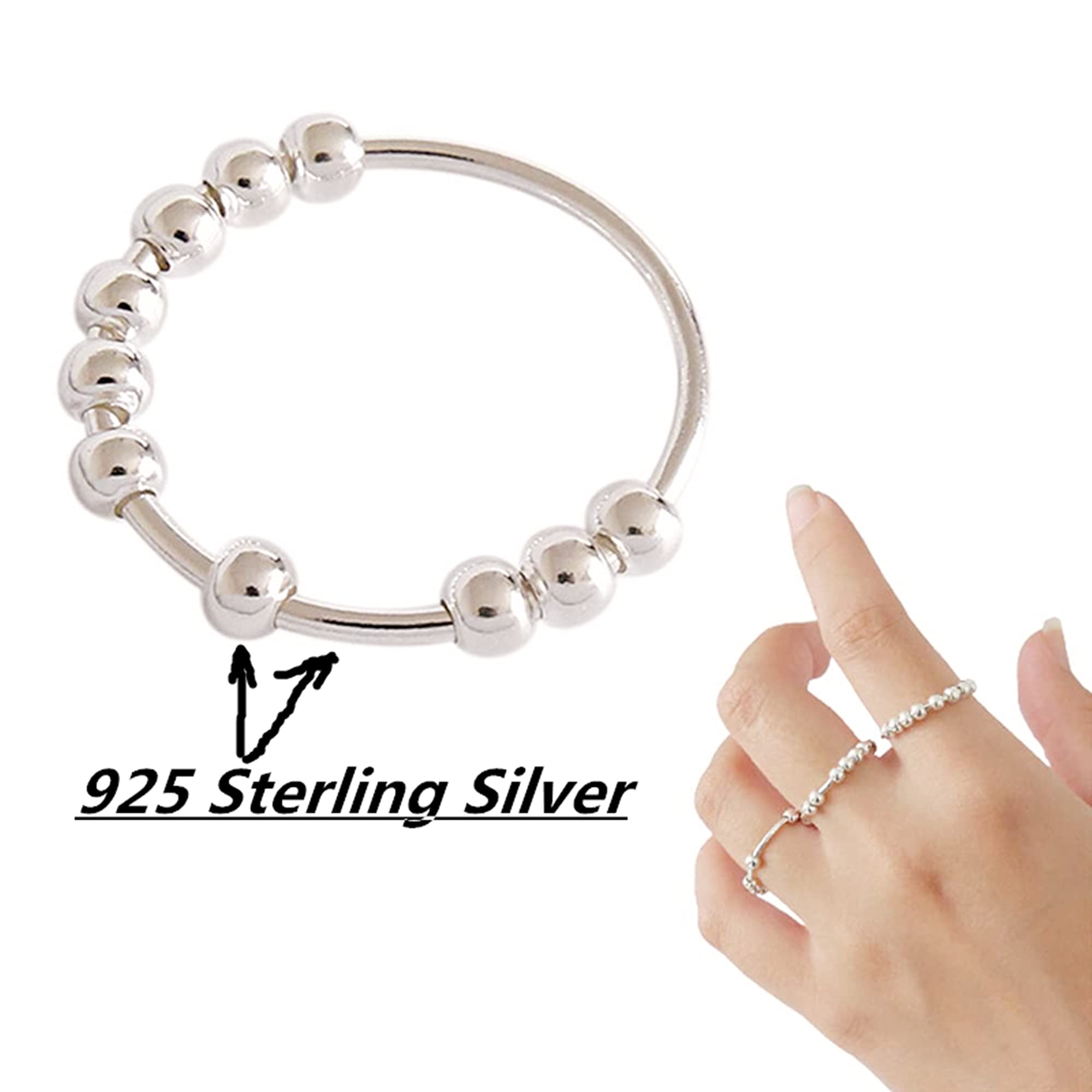 925 Sterling Silver Rings Anxiety Fidget Rings For Women Anti Anxiety Ring, Spinner Rings With Anti Worry Beads Stress Relief Thumb Ring For Men Women (6)