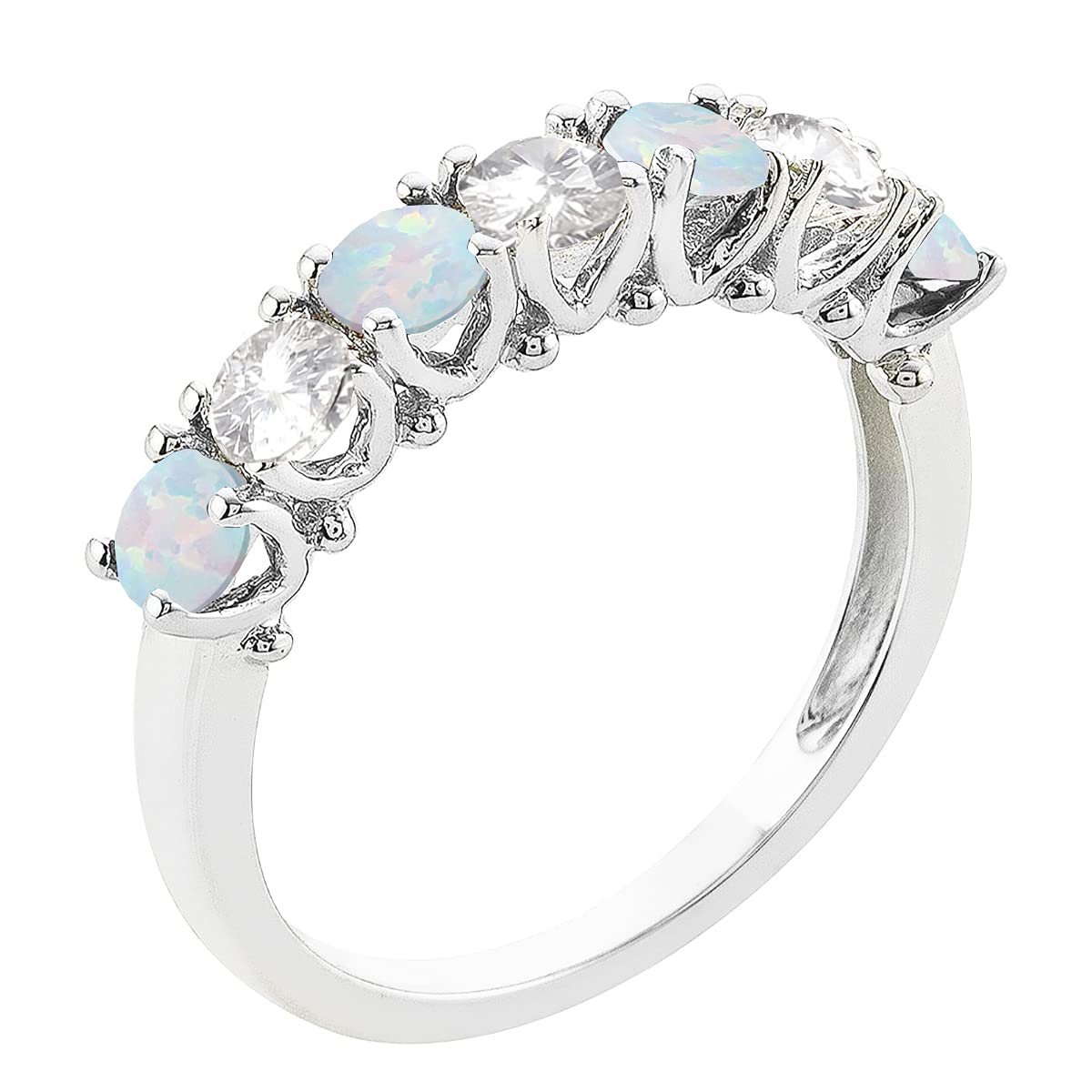 Tirafina Lab-Created Opal and Lab-Created White Sapphire Band Ring, Alternating Stones, Sterling Silver, (3.5mm stone)