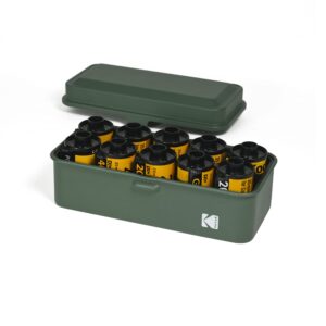 kodak 120/135 film case - for 8 rolls of 120 films / 10 rolls of 35mm films - retro steel case to sort & safeguard film, olive, retro