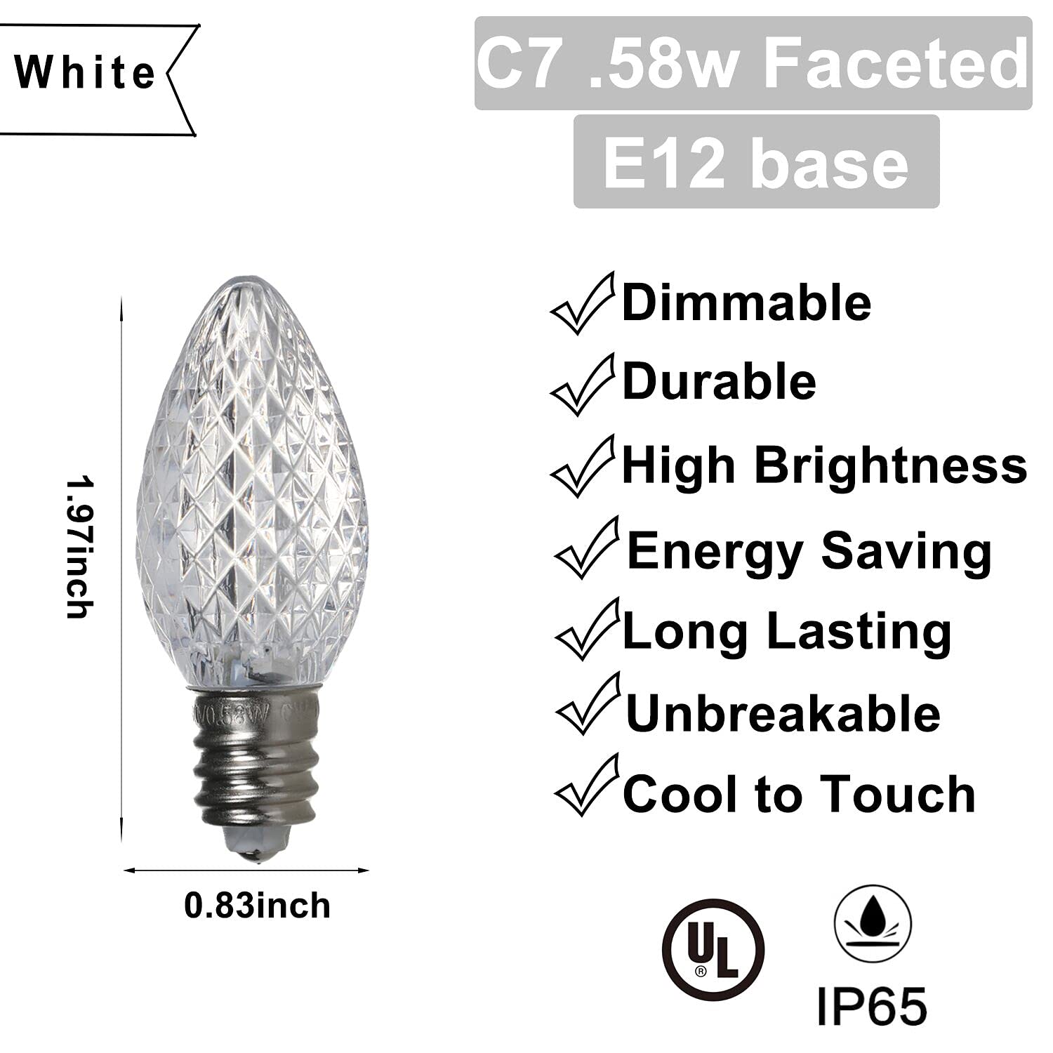 Pack of 25 C7 LED Christmas Light Replacement Bulbs for Outdoor Holiday Decoration, UL IP65 Waterproof Dimmable Faceted C7 Light Bulbs (White)