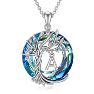 toupop necklace for women tree of life initial necklace 925 sterling silver initial a letter pendant blue circle crystal jewelry anniversary birthday christmas gifts for women wife mom