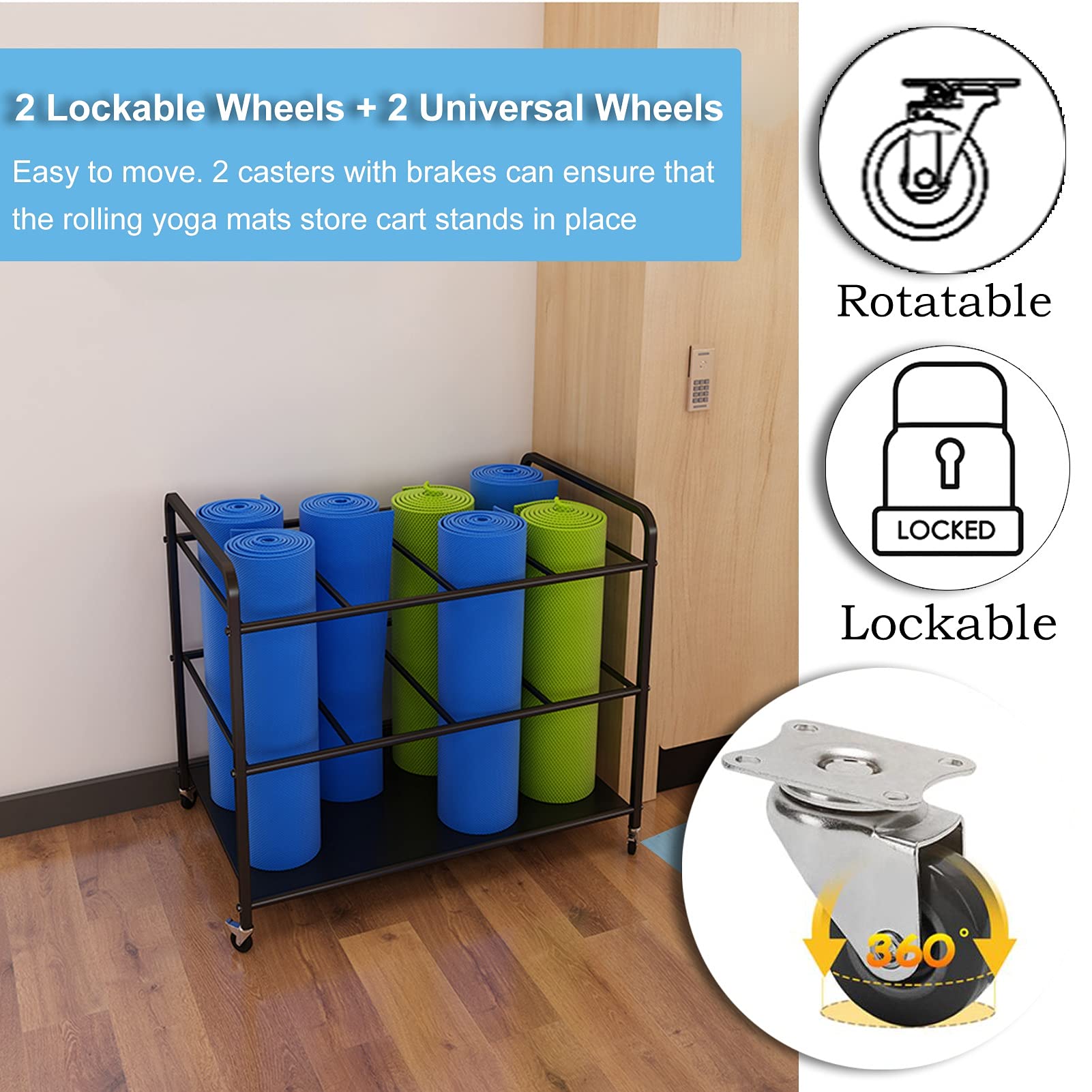 LXLA Extra Large Rolling Yoga Mat Storage Cart with 2 Lockable Wheels, Black Foam Rollers Rack for Gym Studio Office Fitness Class, Narrow Runner Rug Holder (Size : 31.5×19.6×27.5 in)