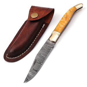 Laguiole Folding Damascus steel knife, 8.5" Long with 4" hand forged custom twist pattern Blade. Beige color unshrinkable Raisen scale with brass bolster, Cow hide leather sheath included