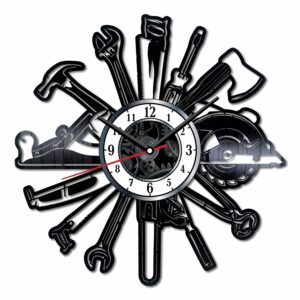 andrewst man instruments vinyl wall clock vintage record silent clocks - unique home garage decor office hanging wall art - man tools black clock gifts for men father day - modern art - size 12 inch