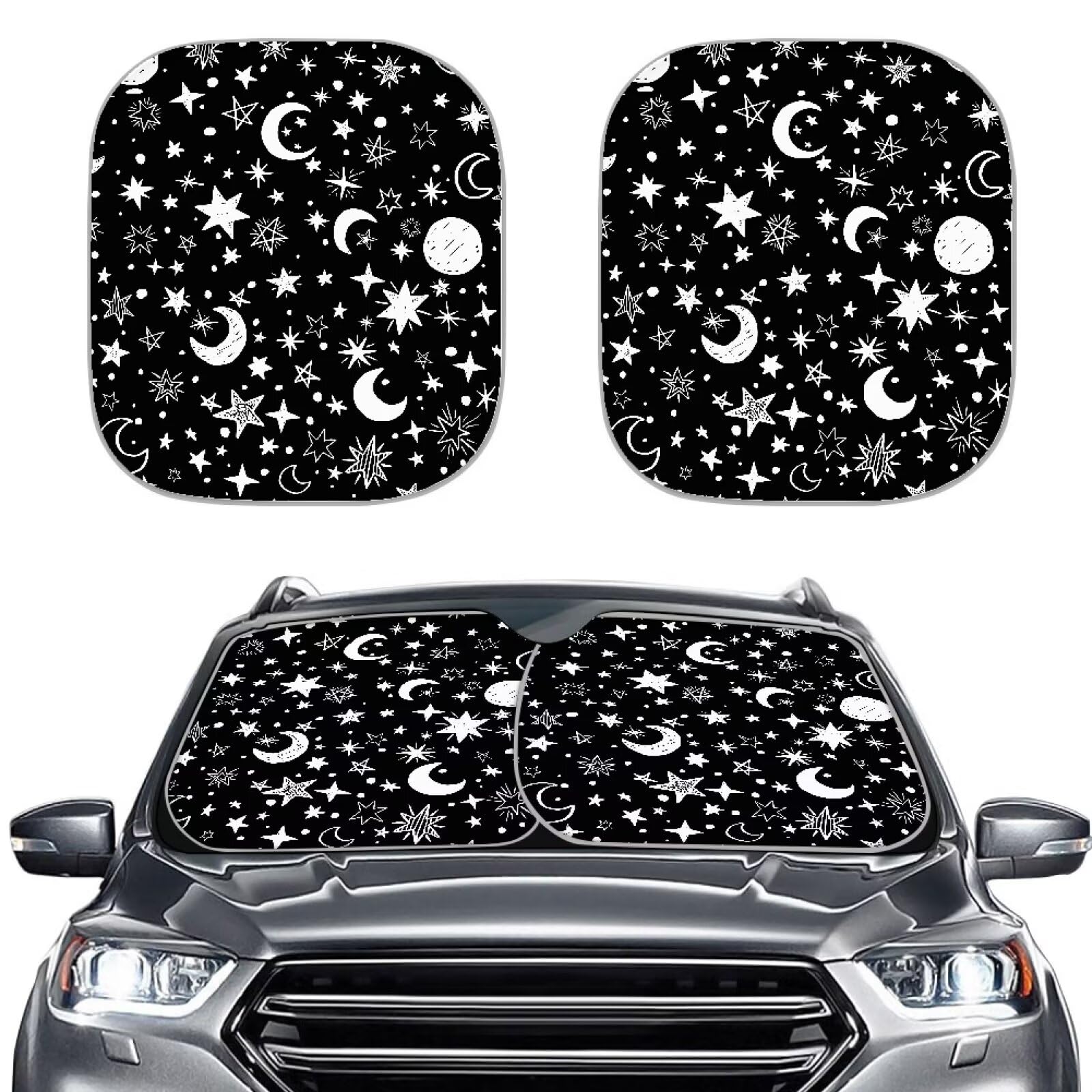 STUOARTE Moon Stars Print Windshield Sun Shade - 2 Pieces Foldable Car Front Window Sunshades for Most Sedans SUV Truck,Universal Fit