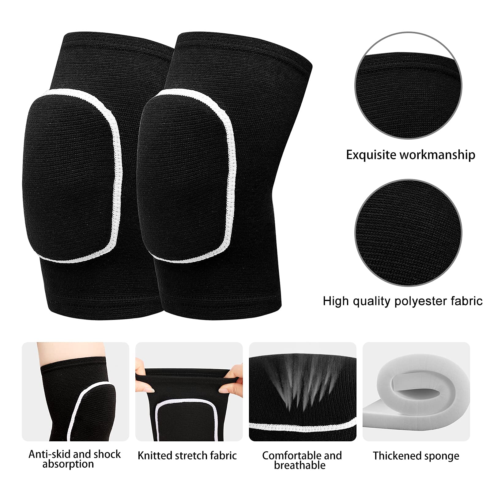 Wanlvhu Protective Sponge Knee pads for Volleyball, Soft Breathable Knee Support Knee Brace for Adult Kids Sports Dance Football Gym Skating (Full Black, Small)