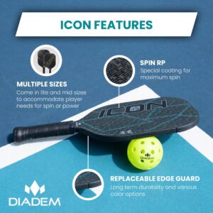 Diadem ICON Performance Pickleball Paddle (Black, Mid, 8oz) | Graphite Carbon Fiber, Honeycomb Core, Fiberglass Face, Ultra Sleek Edge Guard, Spin Friendly | Indoor/Outdoor | USAPA Approved