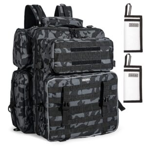 igogi fishing tackle backpack 3 fishing rod holders with 2 lure covers without trays large tackle bag storage can holds up to (12) 3700 tackle boxes (camo black pack + 2 lure covers)