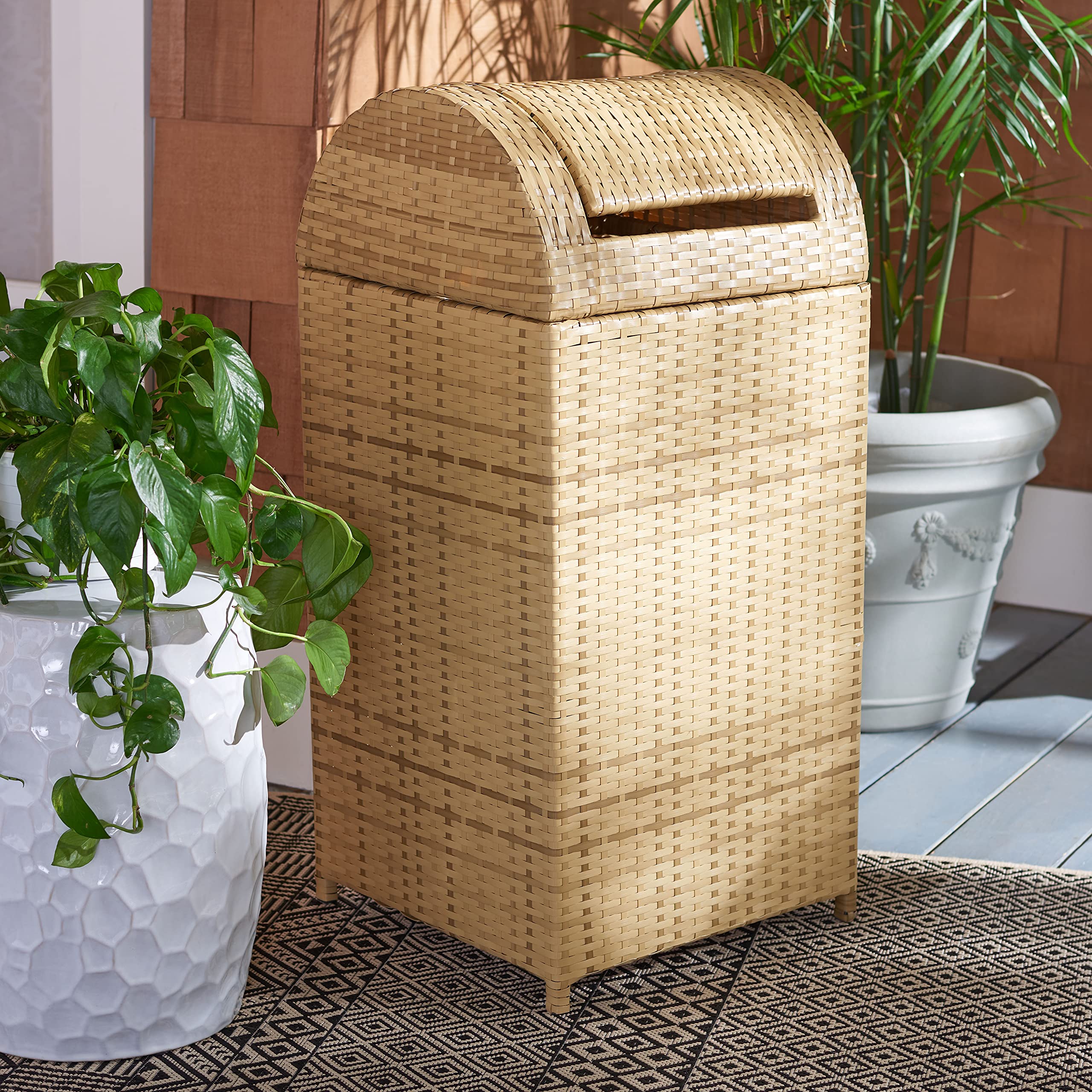 SAFAVIEH Outdoor Collection Mazeli Natural Woven Swing Top Dome Lid Trash Bin (Fully Assembled) PAT7511D