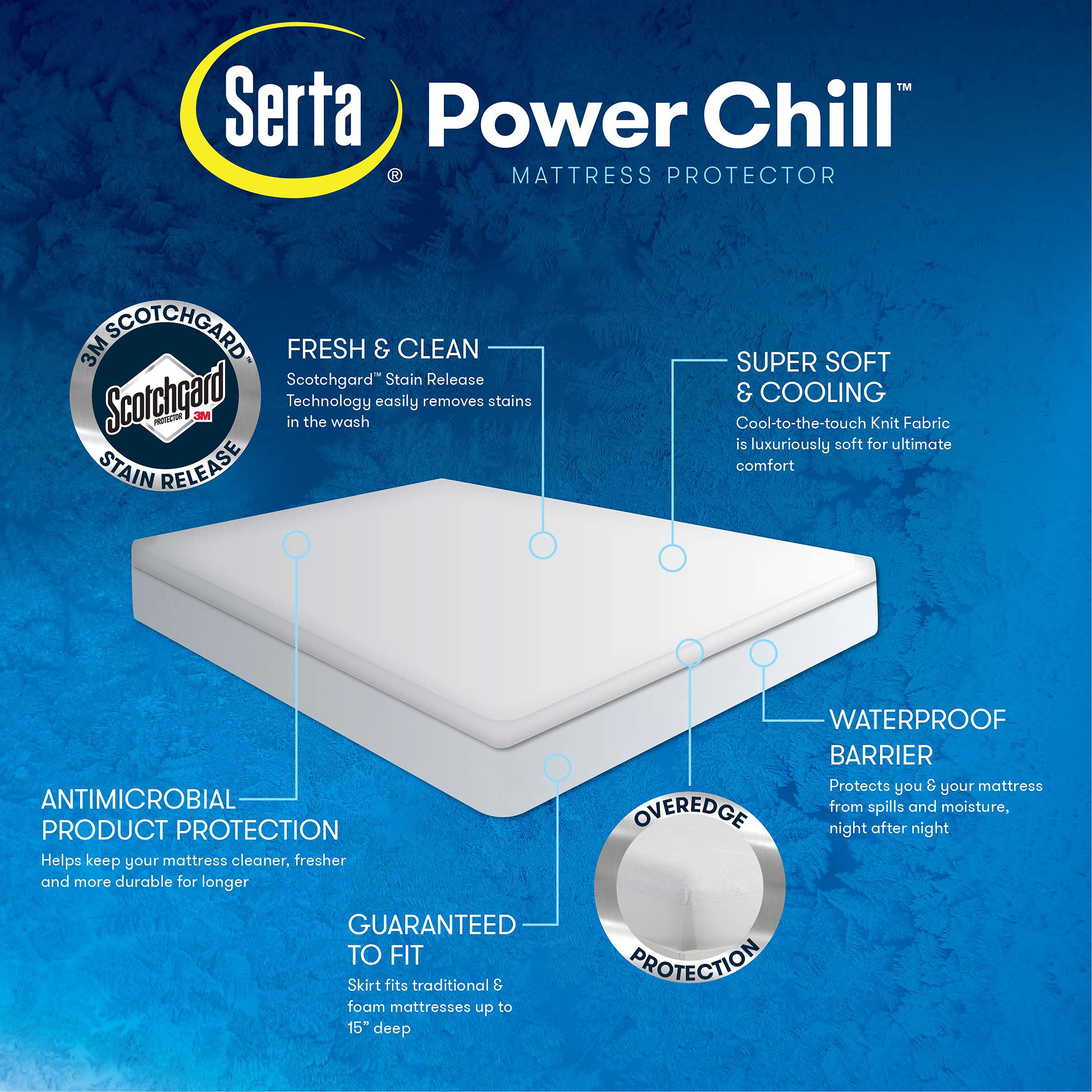 Serta Power Chill Full Size Waterproof Mattress Cover, Soft and Breathable Cooling Mattress Protector, 15" Elastic Deep Pocket for Secure Fit, White