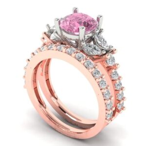 Clara Pucci 2.82ct Round Marquise Cut Customizable 3 stone With Pink Zircon Designer Statement Ring Band Set 18K Rose White Gold Size 9.5