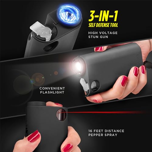 Stun Gun and Pepper Spray Combo - Protection for Women Self Defense 3-in-1 Kit, Stun Gun Pepper Spray with Flashlight, 175 Lumens, 1.44 MC Formulation, 16 ft Range, Rechargeable Battery, USB (Black)