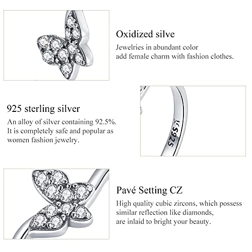 Qings 925 Sterling Silver Butterfly Ring with Shiny Cubic Zirconias, Animal Adjustable Open Ring Birthday Anniversary Jewelry for Women, Adjustable Size 6 to 8