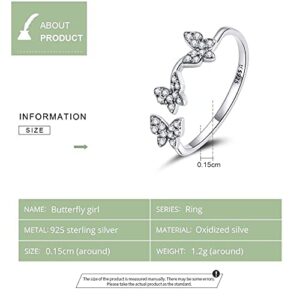 Qings 925 Sterling Silver Butterfly Ring with Shiny Cubic Zirconias, Animal Adjustable Open Ring Birthday Anniversary Jewelry for Women, Adjustable Size 6 to 8