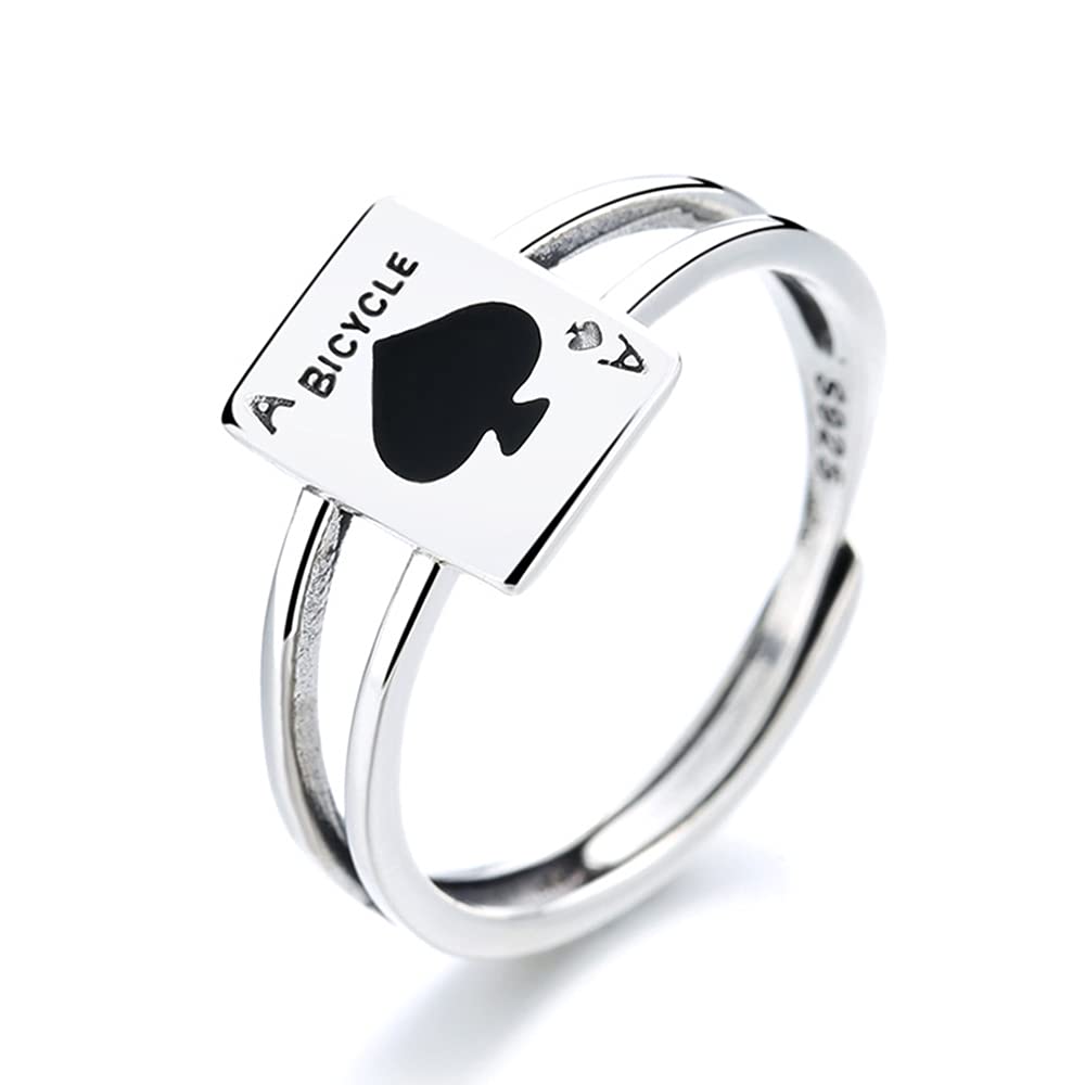 Poker Spade Ace Sterling Silver 925 Open Statement Rings for Women Girls Men Adjustable Vintage Black Spades Signet Ring Finger Band Fashion Jewelry Gifts Birthday BFF