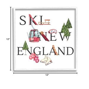 Stupell Industries New England Ski Winter Seasonal Mountain Sports, Designed by Ziwei Li White Framed Wall Art, 12 x 12, Red