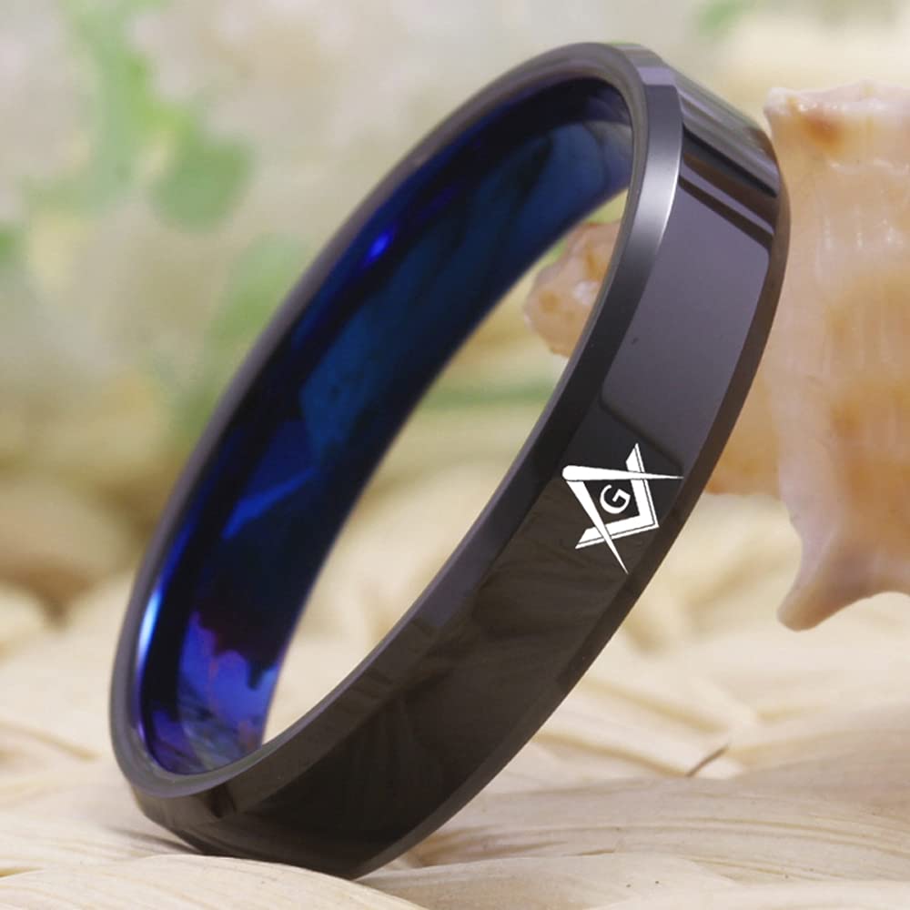 Masonic Freemason Ring/Masonic Compass Square Ring - 4mm/6mm Black Bevel Polished Finished and Blue Inside Tungsten Carbide Ring-Free Customized Engraving (4mm Width, 11)