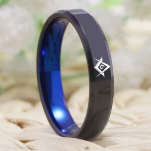 Masonic Freemason Ring/Masonic Compass Square Ring - 4mm/6mm Black Bevel Polished Finished and Blue Inside Tungsten Carbide Ring-Free Customized Engraving (4mm Width, 11)