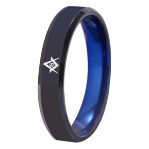 Masonic Freemason Ring/Masonic Compass Square Ring - 4mm/6mm Black Bevel Polished Finished and Blue Inside Tungsten Carbide Ring-Free Customized Engraving (4mm Width, 11)