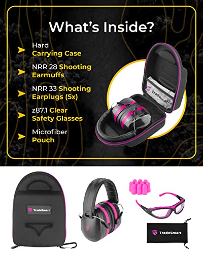 TradeSmart All-in-One Gun Range Safety Duo Kit, Yellow & Pink Ear and Eye Protection Kit for Men & Women, U.S. Certified