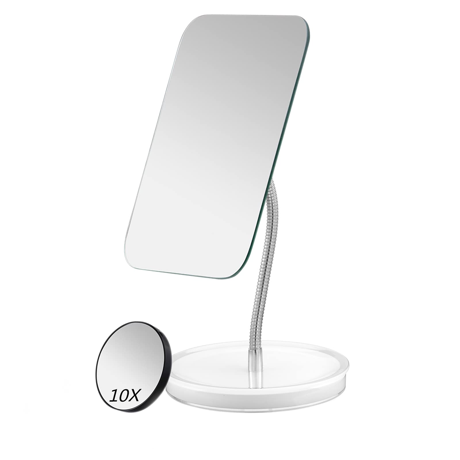 Jasefa Desk Makeup Mirror with Detachable 10x Magnification,360° Rotation Flexible Gooseneck Mirror with Stand,Tabletop Cosmetic Mirror,Good for Shower Shaving Traveling-Rectangle