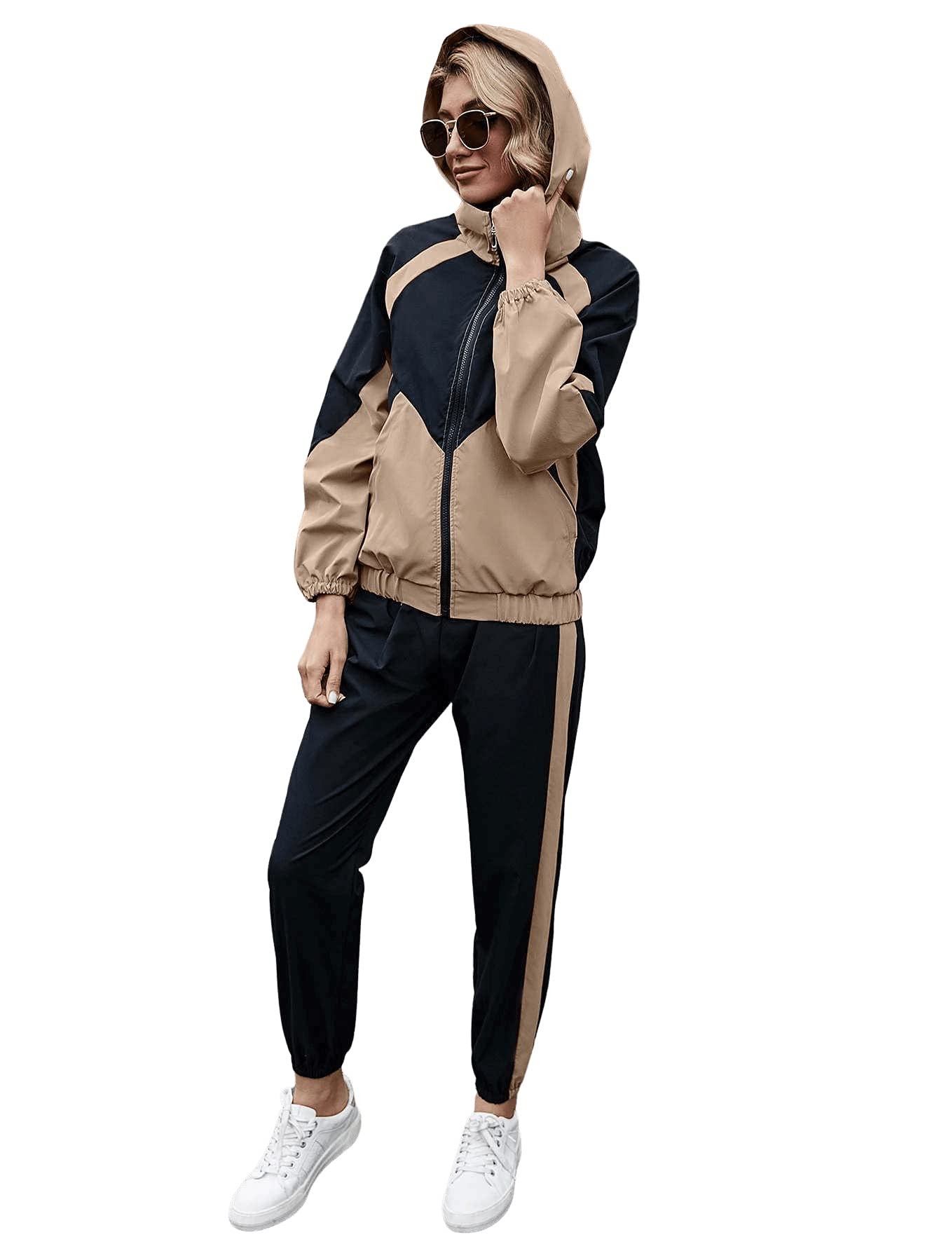 SweatyRocks Women's 2 Piece Outfits Long Sleeve Full Zip Jacket and Pants Tracksuit Set Khaki Black XL