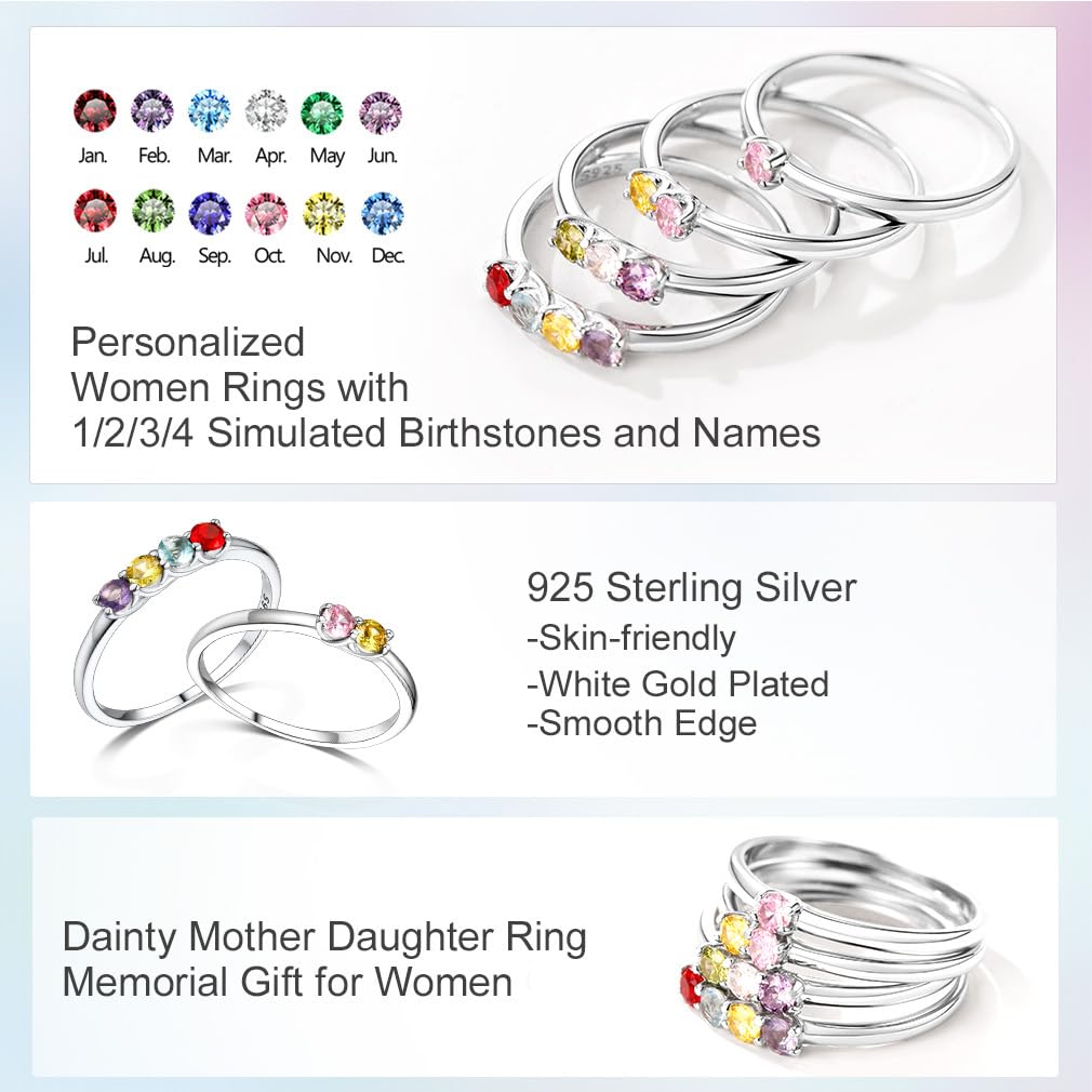 Custom4U Personalized Mothers Rings with 2 Birthstones Family Promise Rings for Her Engraved 2 Names Granddaughter Jewelry