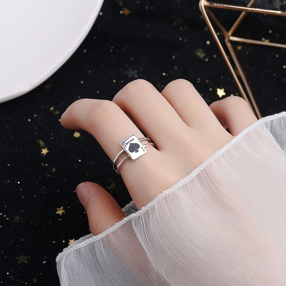 Poker Spade Ace Sterling Silver 925 Open Statement Rings for Women Girls Men Adjustable Vintage Black Spades Signet Ring Finger Band Fashion Jewelry Gifts Birthday BFF